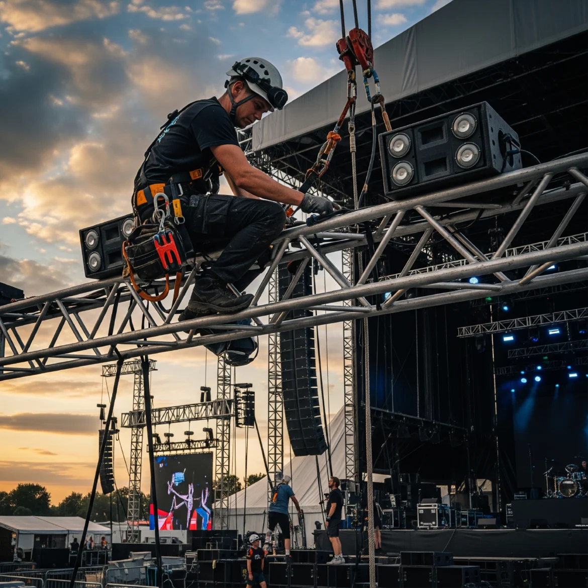 rigger working at height atop suspended truss