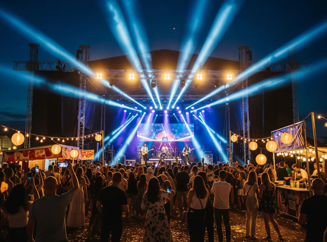 guest audience viewing a music concert with lighting effects